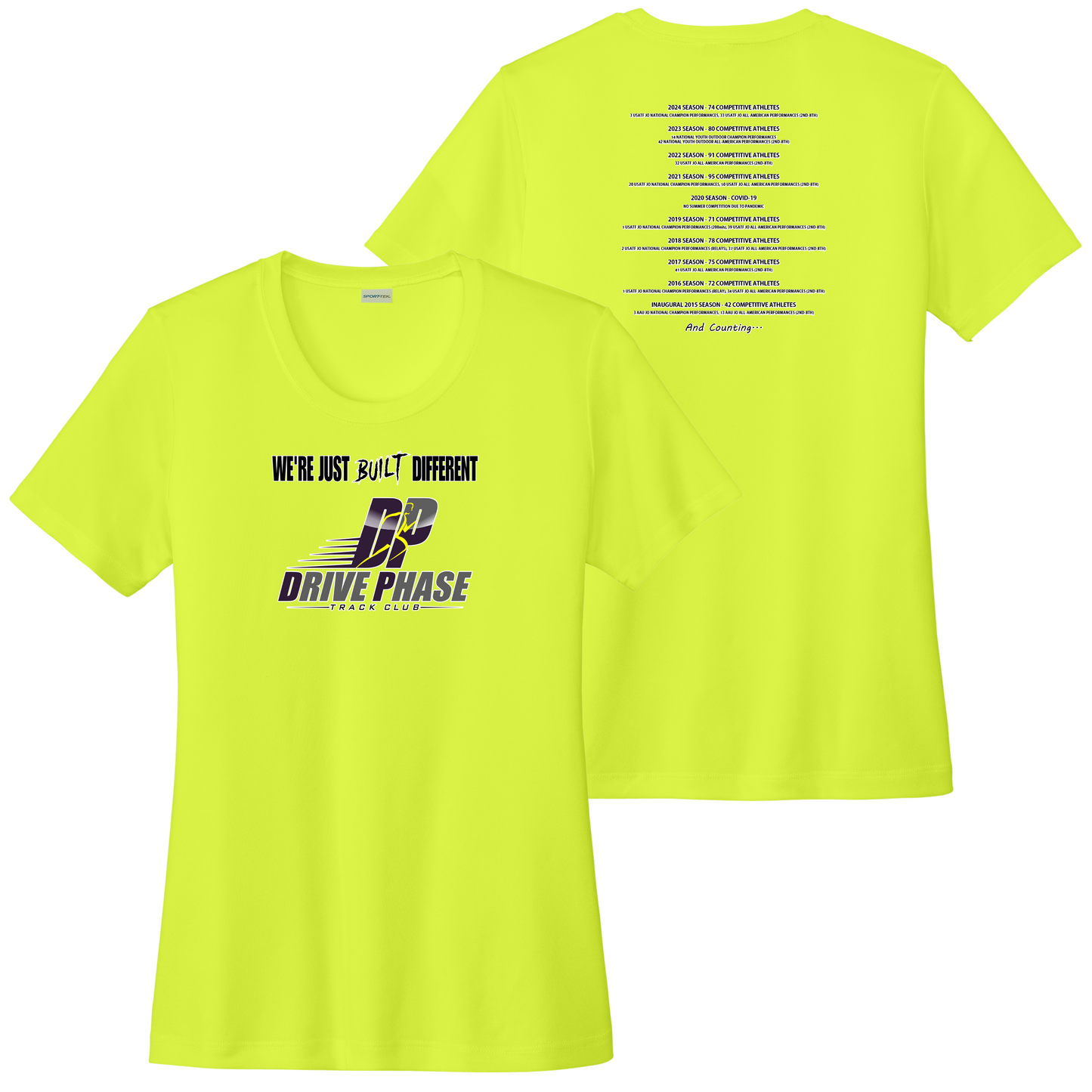 Drive Phase Track Club Womens We're Just Built Different  Short Sleeve Shirt